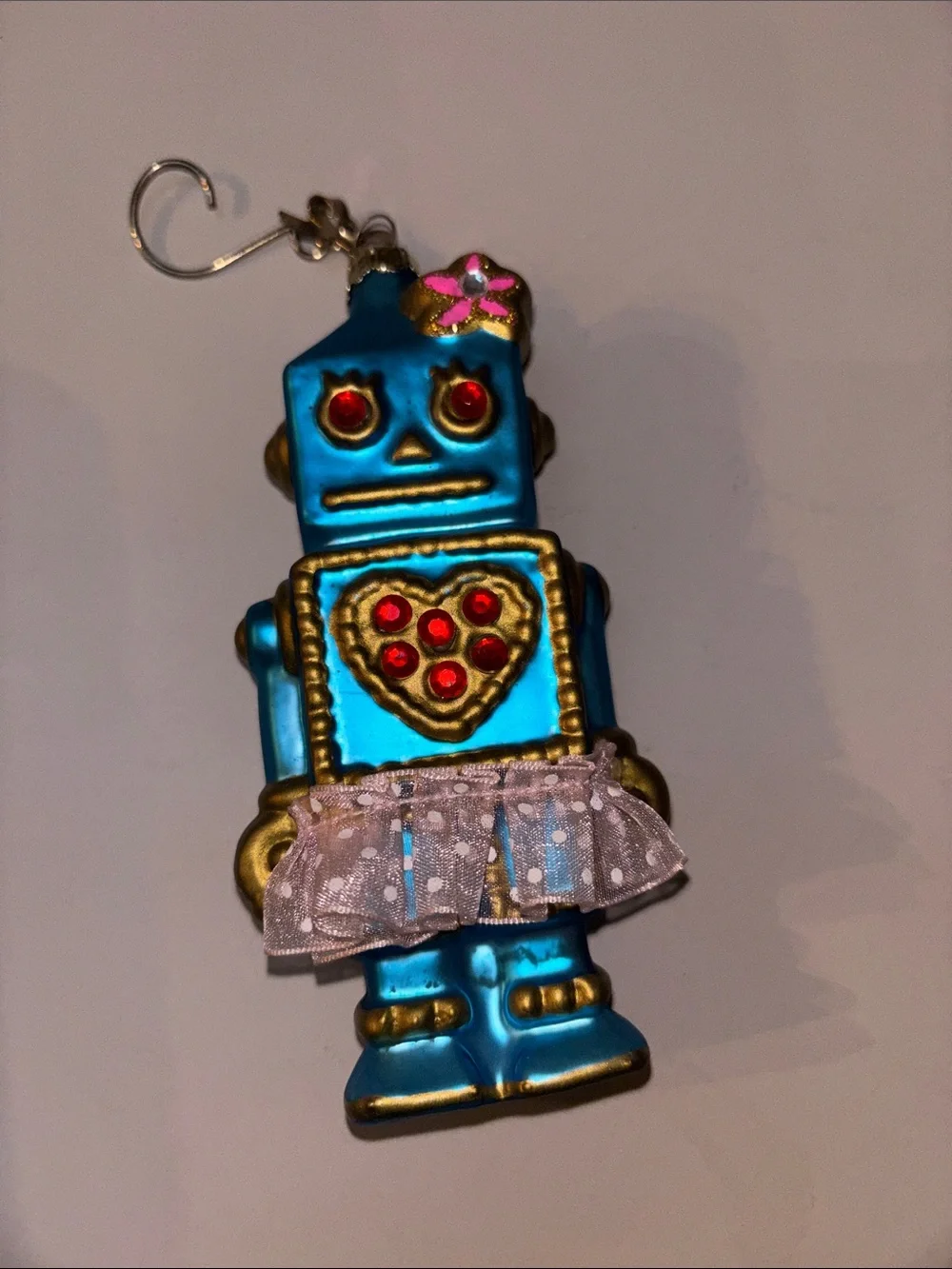 Blue Robot Heart Ornament with Pink Skirt and Gold Accents